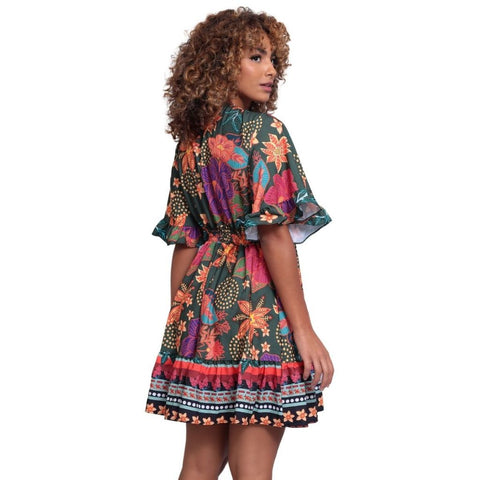 Vestido Curto Soltinho Floral Feminino Fresquinho Elegante Moda Verão Primavera Decote Casual Manga