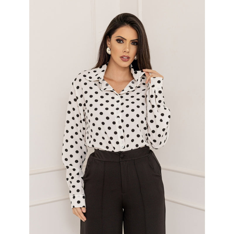 Camisa Social Feminina Manga Longa de Bolinhas