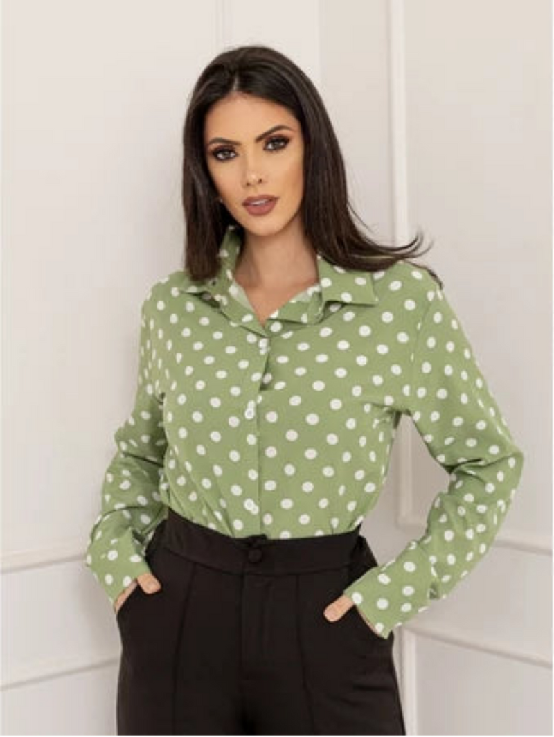 Camisa Social Feminina Manga Longa de Bolinhas