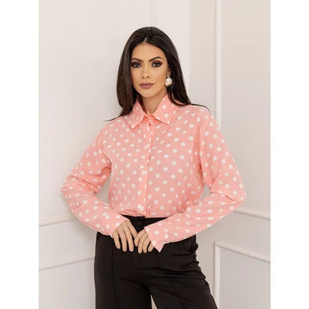 Camisa Social Feminina Manga Longa de Bolinhas
