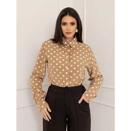 Camisa Social Feminina Manga Longa de Bolinhas