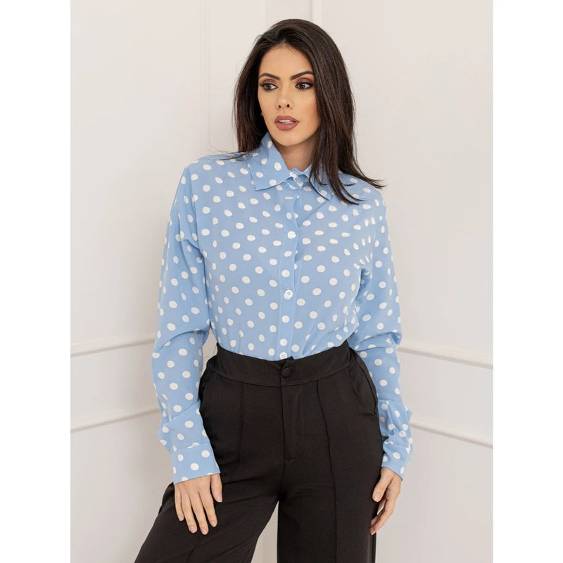 Camisa Social Feminina Manga Longa de Bolinhas
