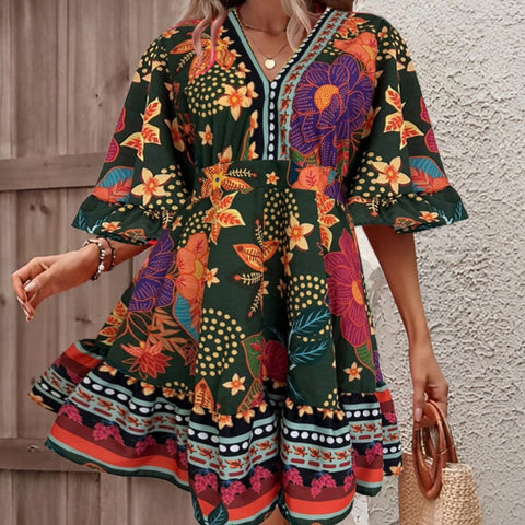 Vestido Curto Soltinho Floral Feminino Fresquinho Elegante Moda Verão Primavera Decote Casual Manga