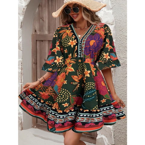 Vestido Curto Soltinho Floral Feminino Fresquinho Elegante Moda Verão Primavera Decote Casual Manga