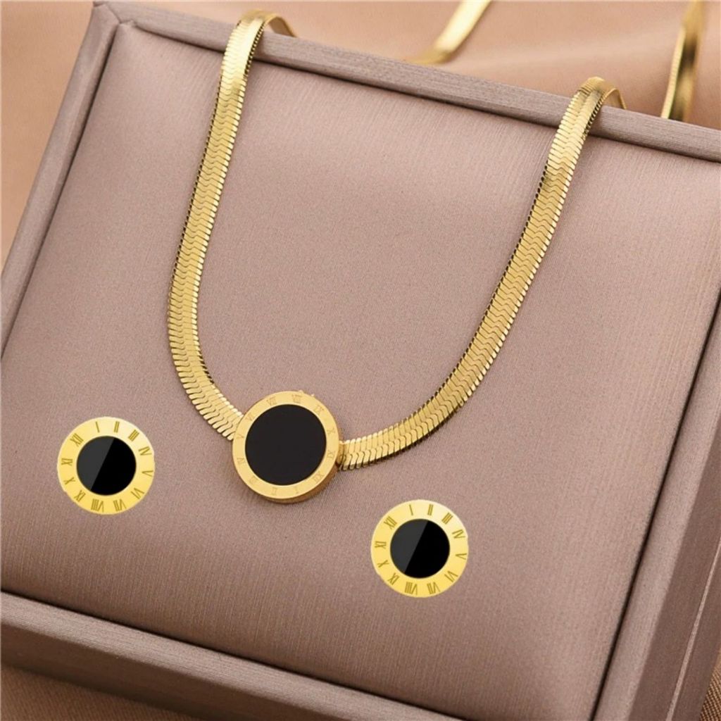Conjunto 4 peca de combinação de colar, pulseira, brincos e anel em aço titânio 18K ouro elegante preto aberto em aço titânio anel com algarismo romano que não desbota