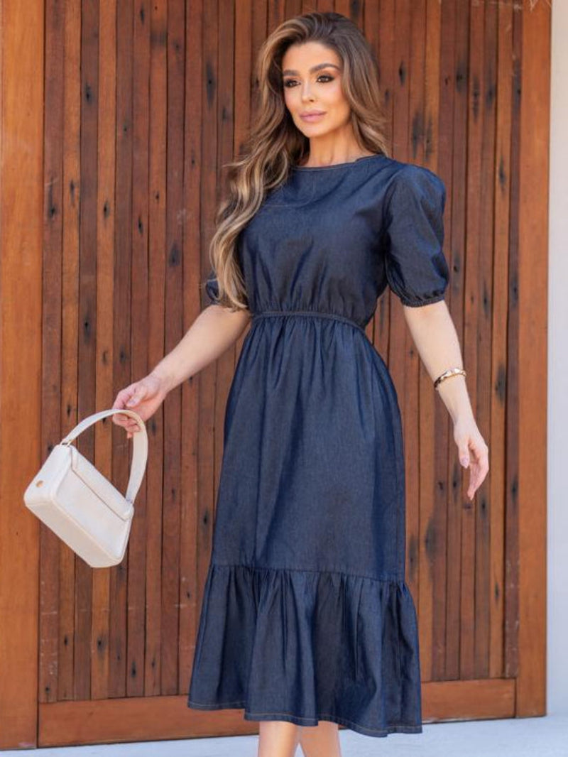 Vestido Jeans Manga Bufante Luxo