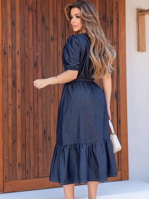 Vestido Jeans Manga Bufante Luxo