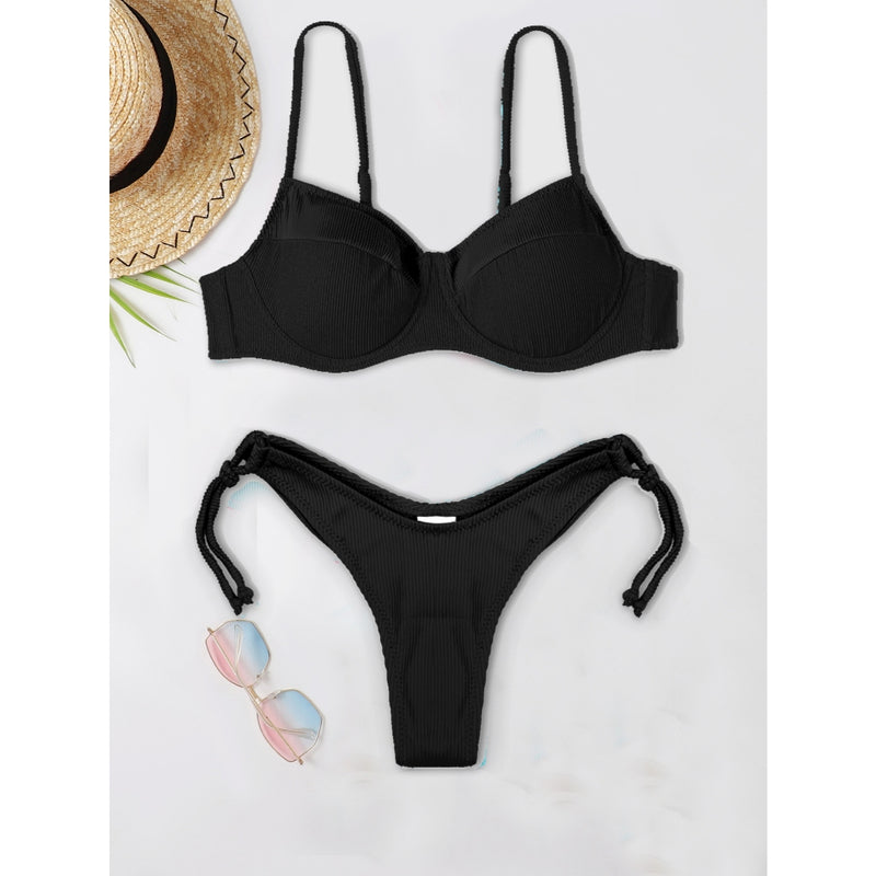 Biquíni Liso de Tecido Canelado Ajustável na Lateral