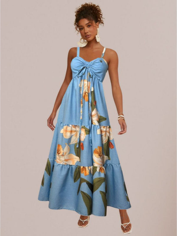 Vestido Longo  de Alcinha Busto Com Amarração Estampa Florida