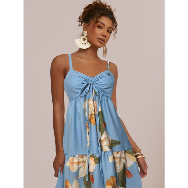 Vestido Longo  de Alcinha Busto Com Amarração Estampa Florida
