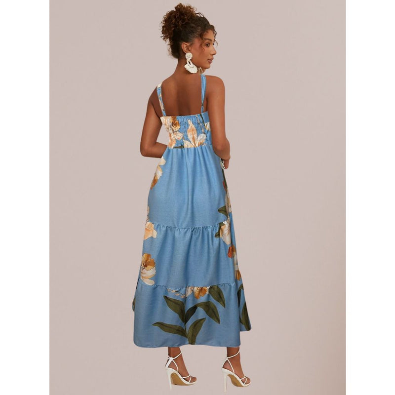 Vestido Longo  de Alcinha Busto Com Amarração Estampa Florida