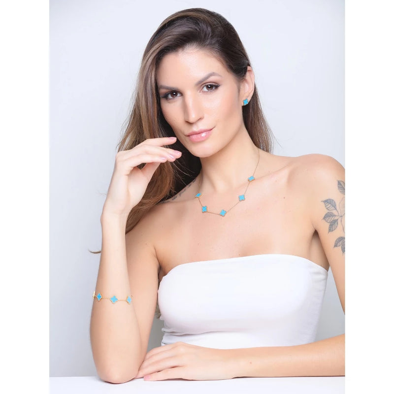 Conjunto 3 Peças Trevo de Quatro Folhas- Colar, Pulseira e Brincos em Aço Titânio 18K