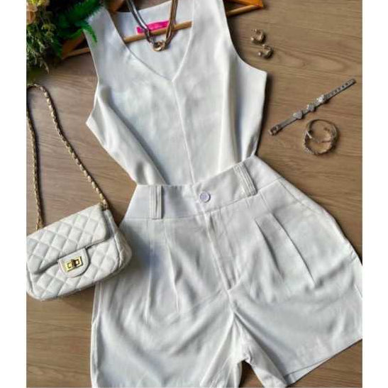 Conjunto Alfaiataria Blusa Sem Manga e Short com Bolso