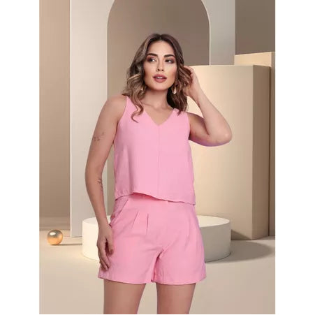 Conjunto Alfaiataria Blusa Sem Manga e Short com Bolso