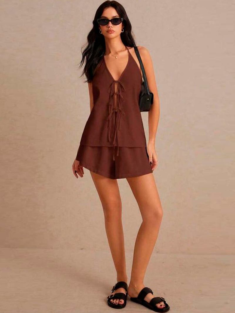 Conjunto Feminino de Short Blusa Frente Unica Amarração