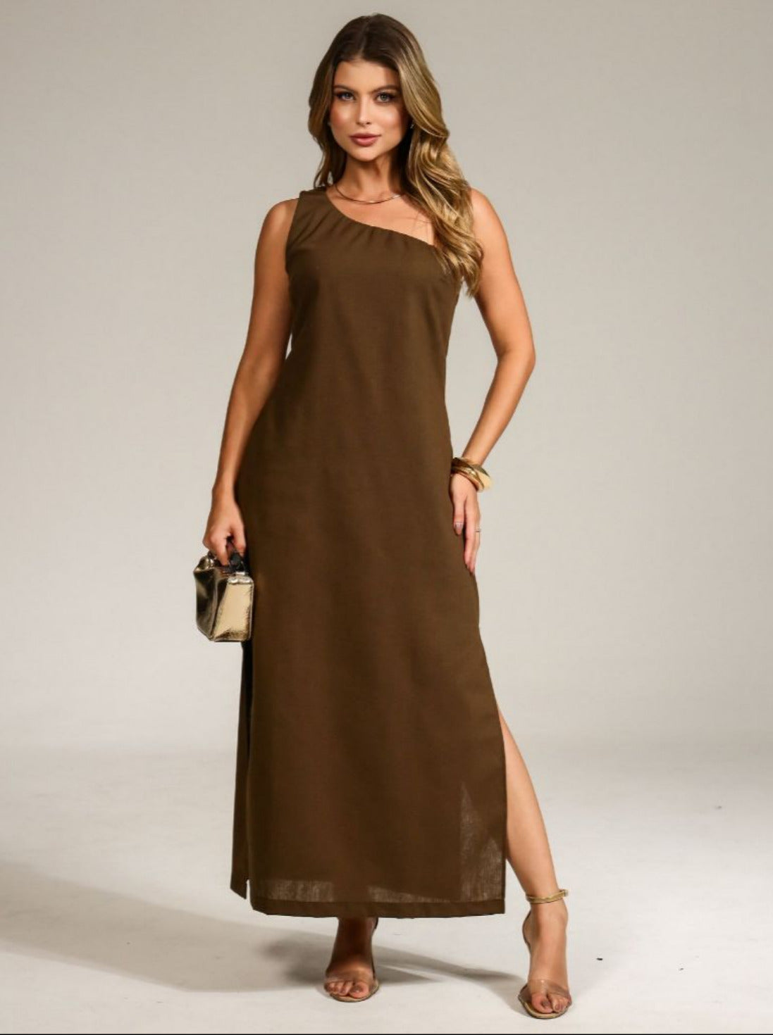 Vestido de Linho  Assimétrico  Fenda Lateral