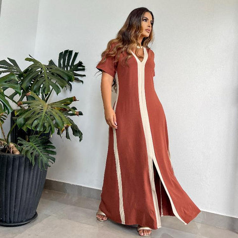 Vestido Longo com Faixa Bege e Manga Curta - Elegante, Soltinho e Confortável para Eventos e Dia a Dia