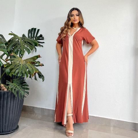 Vestido Longo com Faixa Bege e Manga Curta - Elegante, Soltinho e Confortável para Eventos e Dia a Dia
