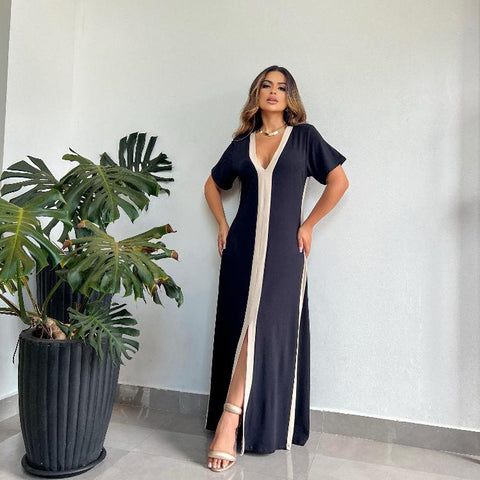 Vestido Longo com Faixa Bege e Manga Curta - Elegante, Soltinho e Confortável para Eventos e Dia a Dia