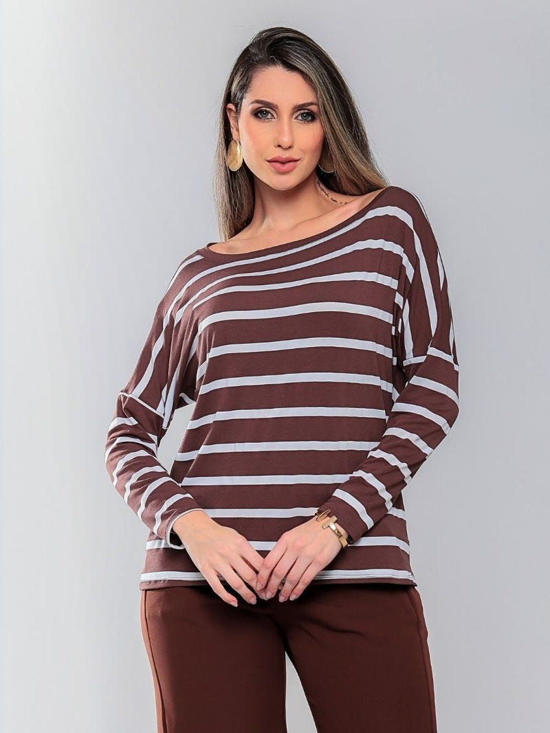 Blusa Manga Longa listrada Feminina