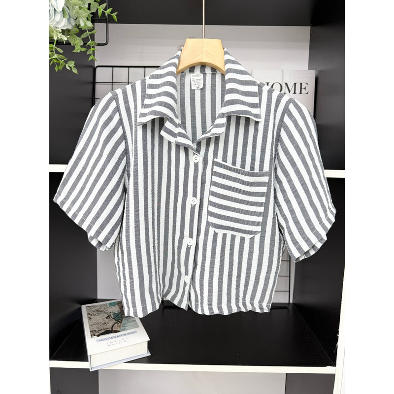 Camisa Feminina Linho Listrada Manga Curta