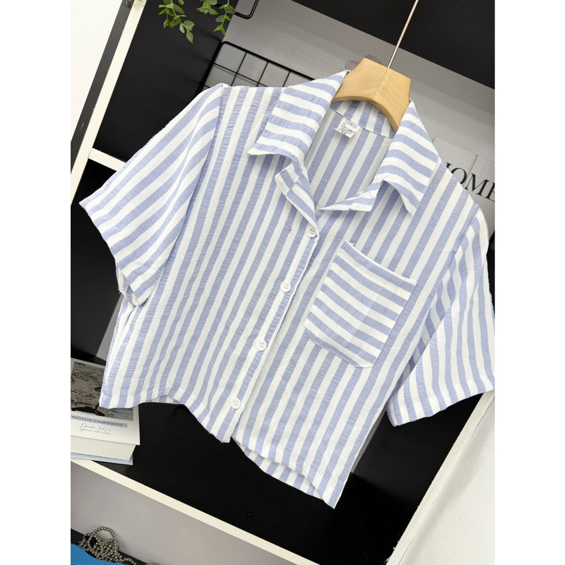 Camisa Feminina Linho Listrada Manga Curta