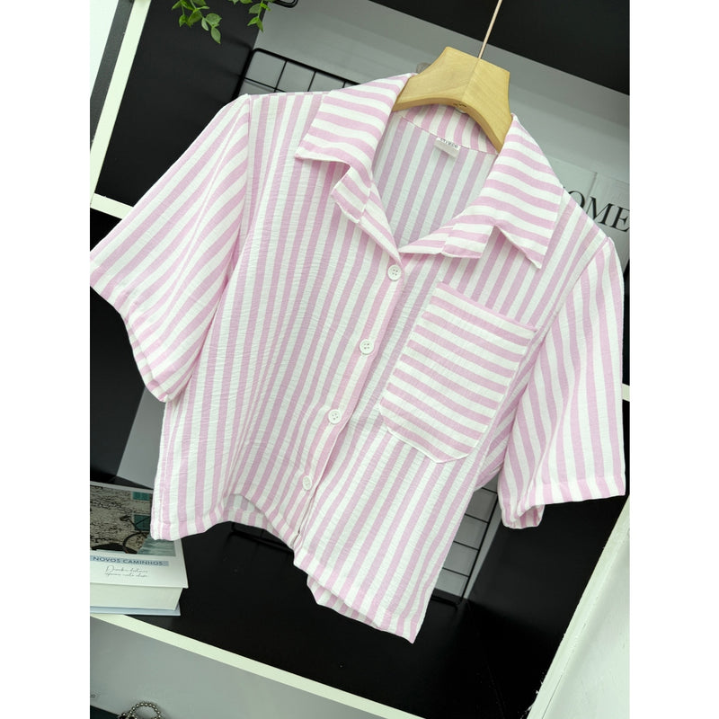 Camisa Feminina Linho Listrada Manga Curta