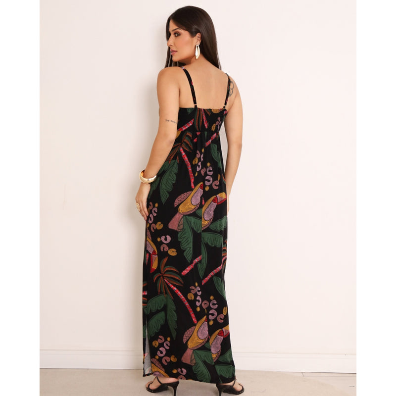 Vestido Alcinha Finas Com Bolsos Estampa Boho