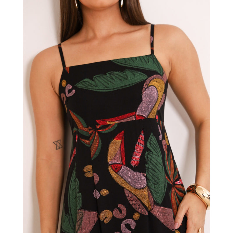 Vestido Alcinha Finas Com Bolsos Estampa Boho