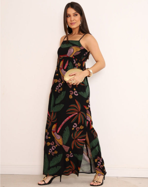 Vestido Alcinha Finas Com Bolsos Estampa Boho