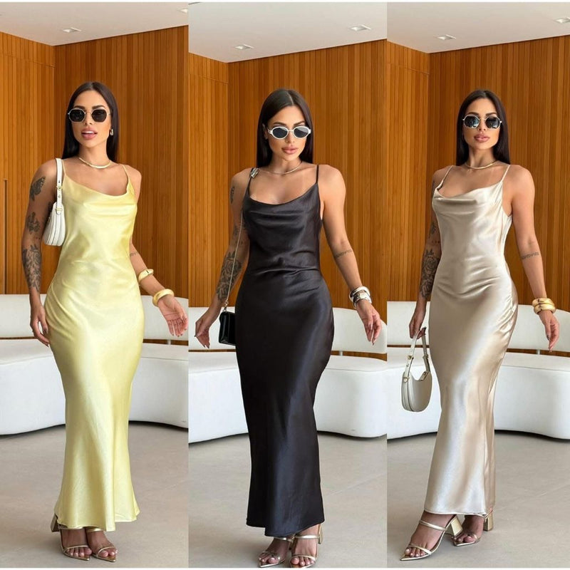 Vestido Midi Feminino Cetim - Moda Elegante Alça Fina Regulável