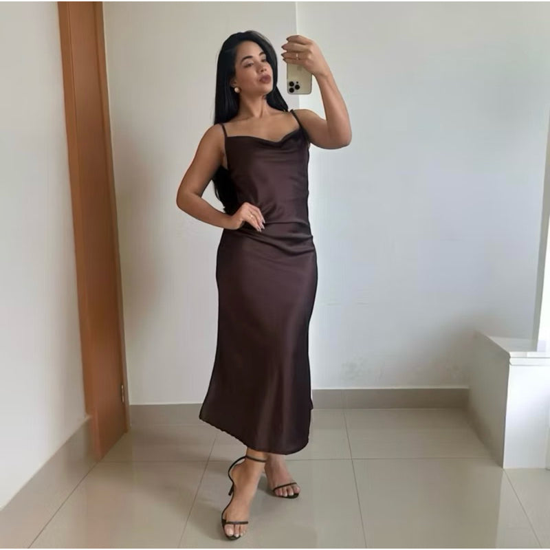 Vestido Midi Feminino Cetim - Moda Elegante Alça Fina Regulável