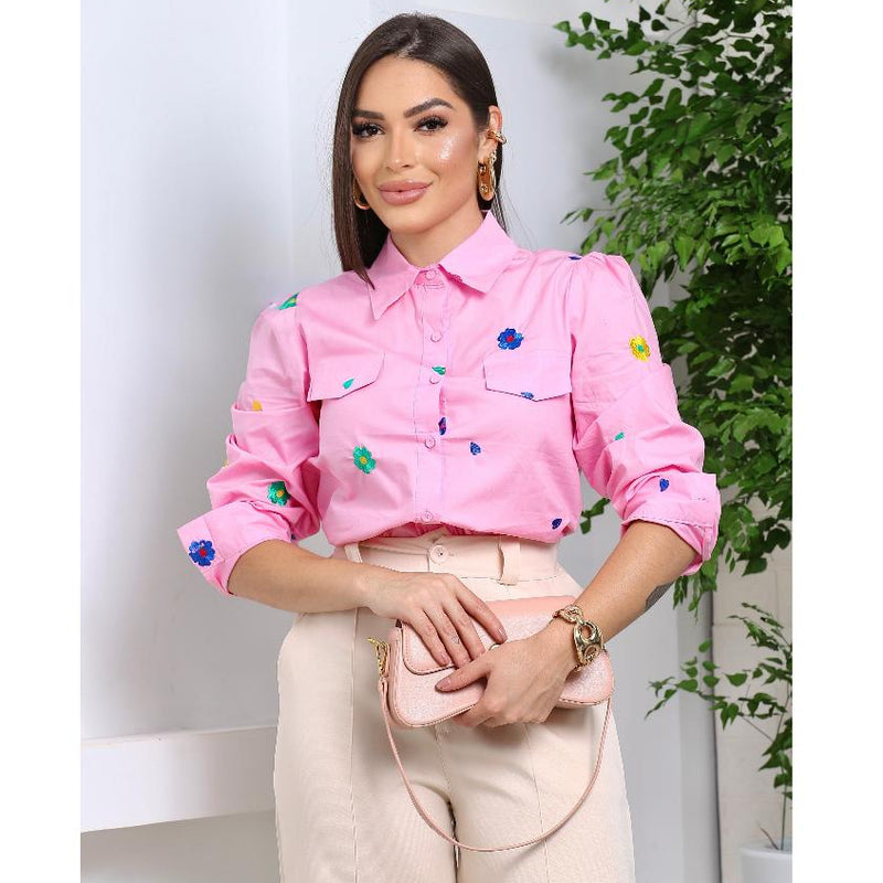Camisa Feminina Manga Longa Bordada Floral