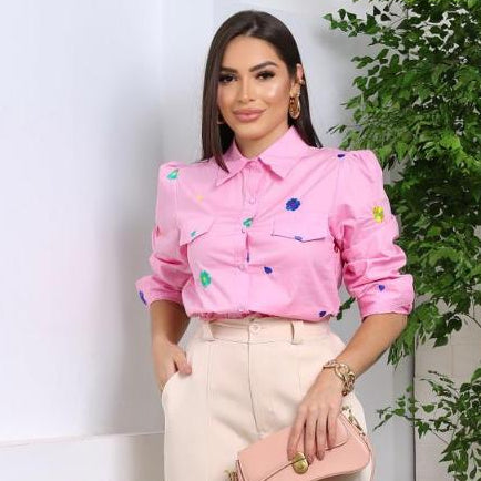 Camisa Feminina Manga Longa Bordada Floral