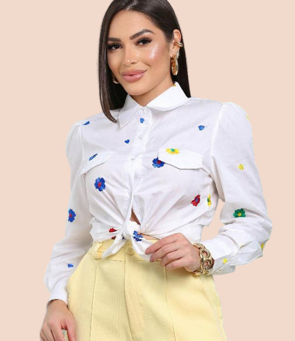 Camisa Feminina Manga Longa Bordada Floral