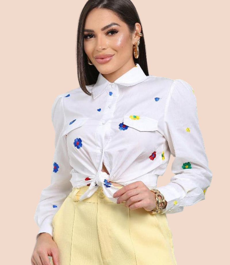 Camisa Feminina Manga Longa Bordada Floral