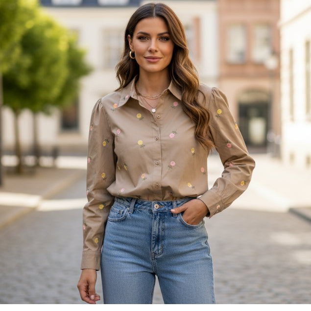 Camisa Social Manga Longa Bordada Tecido Algodão