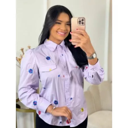 Camisa Feminina Manga Longa Bordada Floral