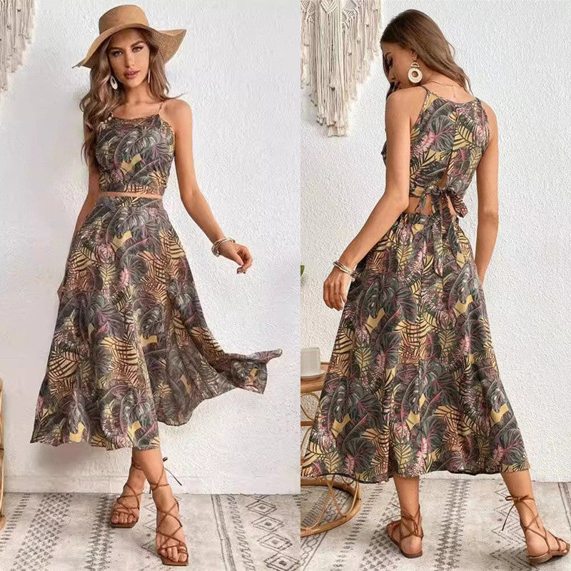 Conjunto Feminina Estampa Tropical Top e Saia Midi