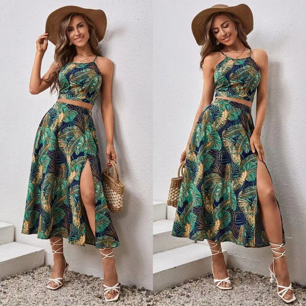 Conjunto Feminina Estampa Tropical Top e Saia Midi