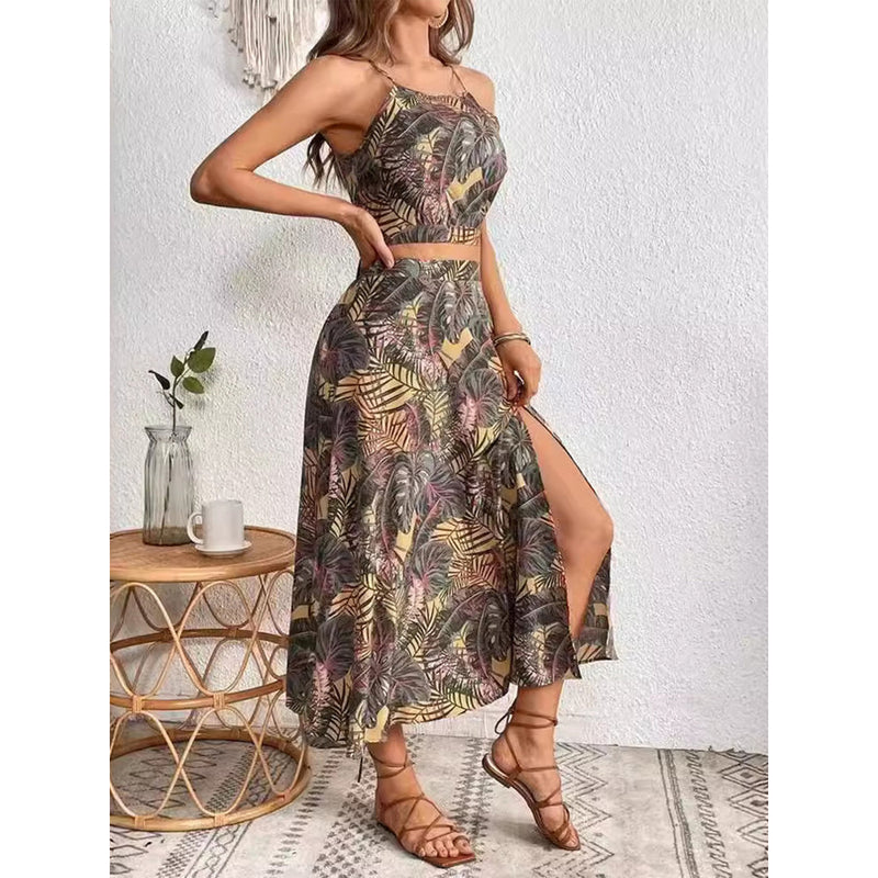 Conjunto Feminina Estampa Tropical Top e Saia Midi