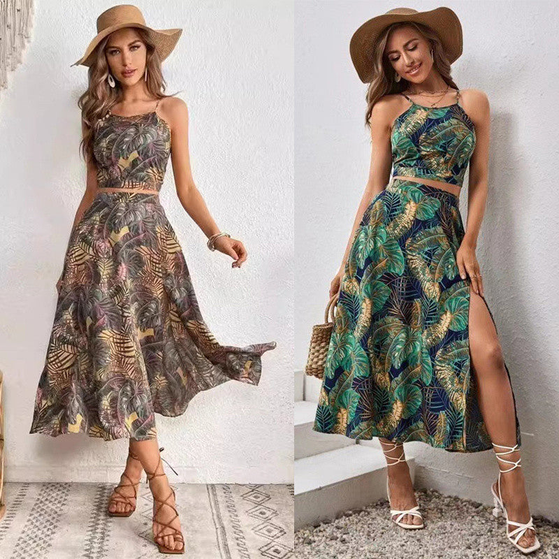 Conjunto Feminina Estampa Tropical Top e Saia Midi