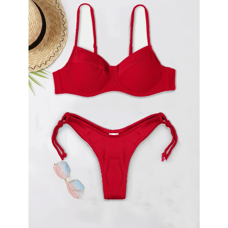 Biquíni Liso de Tecido Canelado Ajustável na Lateral