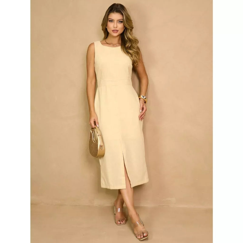 Vestido Midi Linho com Alças Largas e Fenda Sofisticada