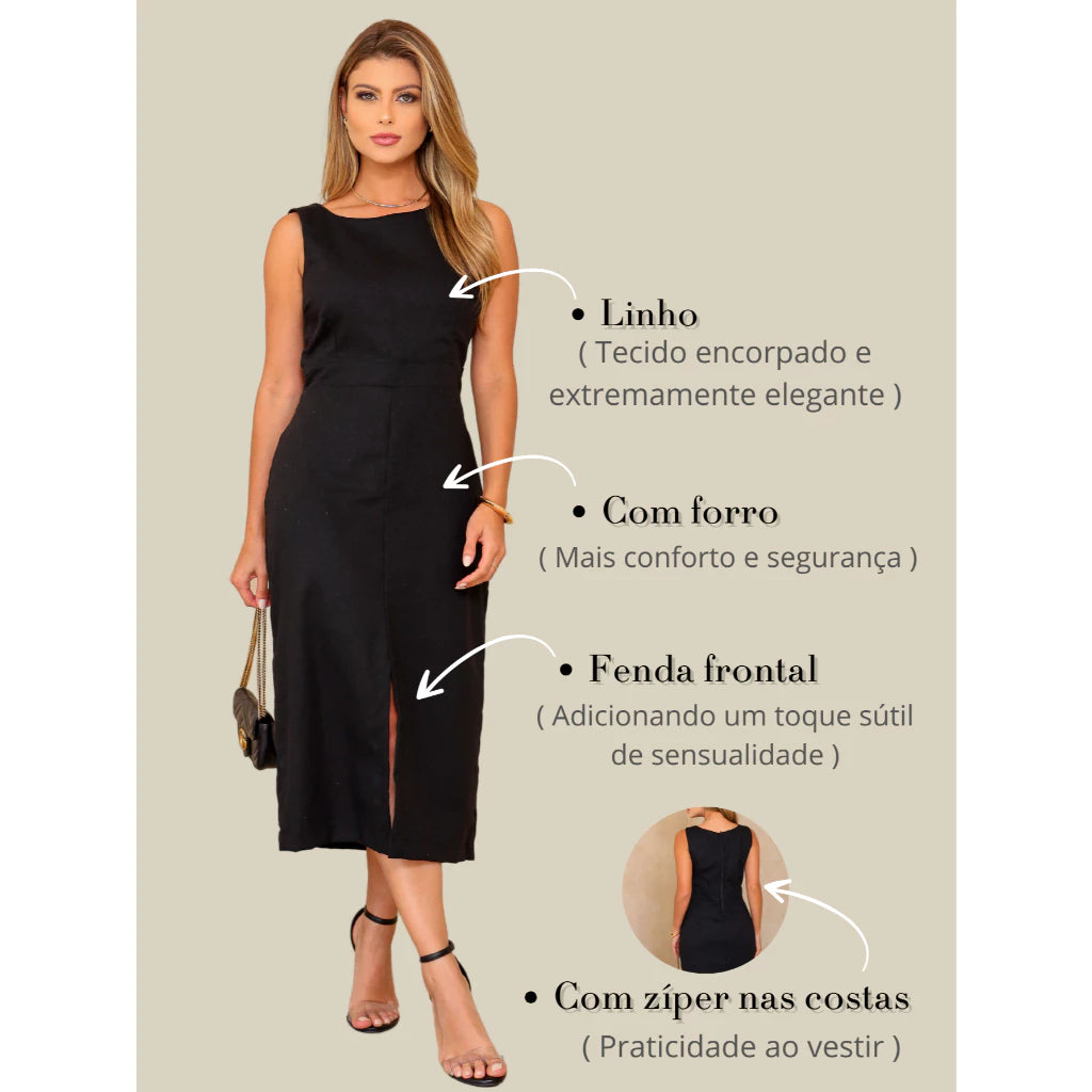 Vestido Midi Linho com Alças Largas e Fenda Sofisticada