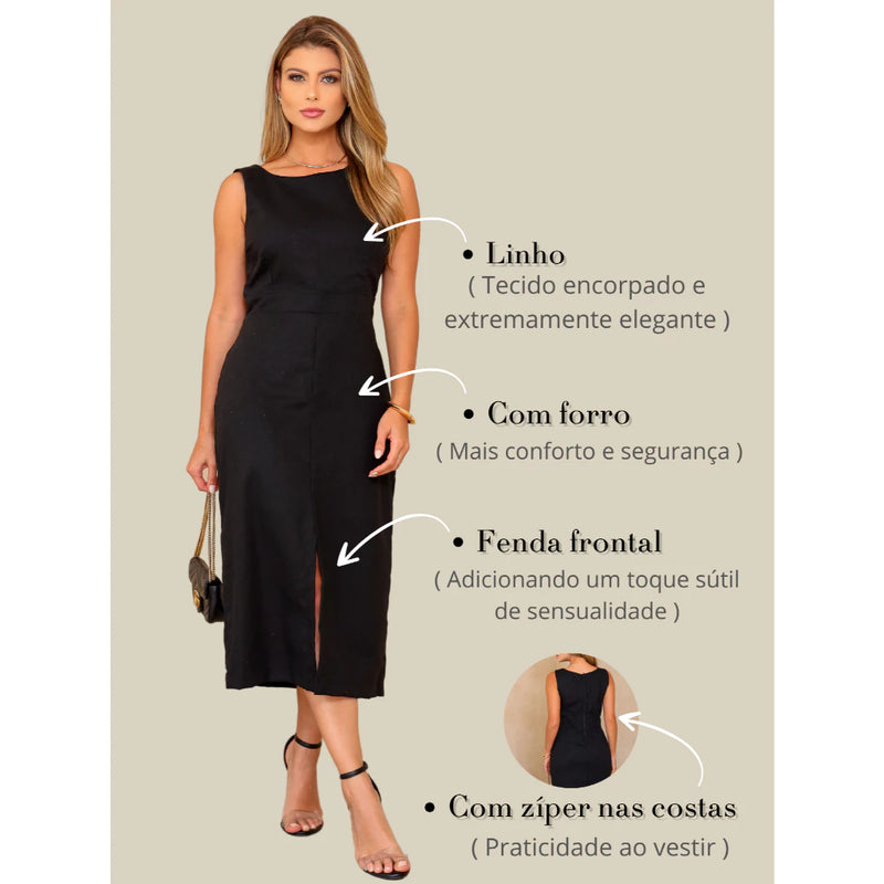 Vestido Midi Linho com Alças Largas e Fenda Sofisticada