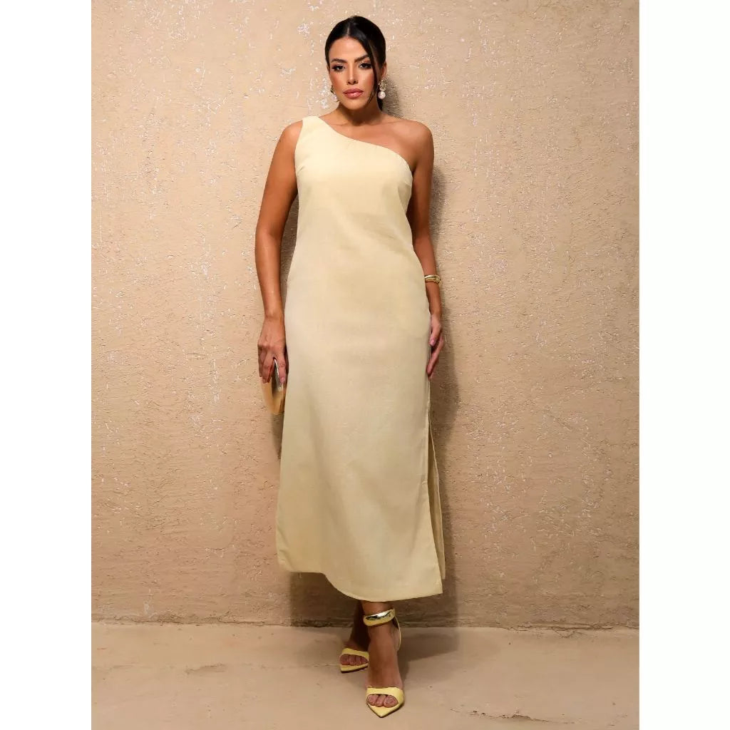 Vestido de Linho  Assimétrico  Fenda Lateral