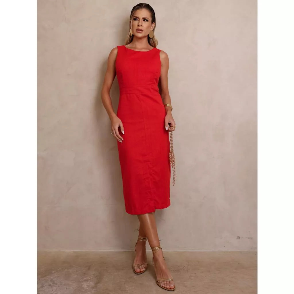 Vestido Midi Linho com Alças Largas e Fenda Sofisticada