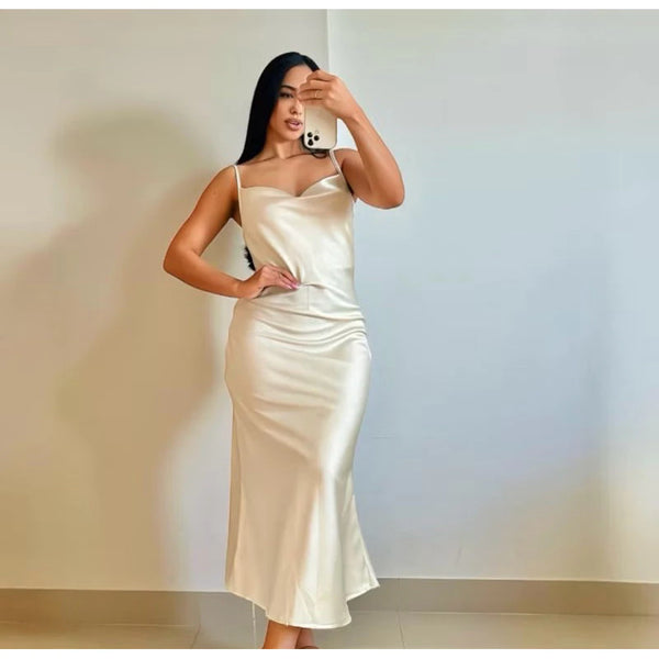 Vestido Midi Feminino Cetim - Moda Elegante Alça Fina Regulável