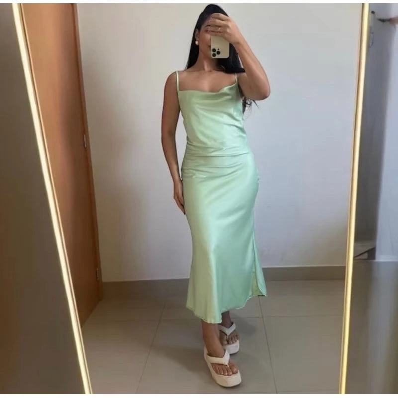 Vestido Midi Feminino Cetim - Moda Elegante Alça Fina Regulável